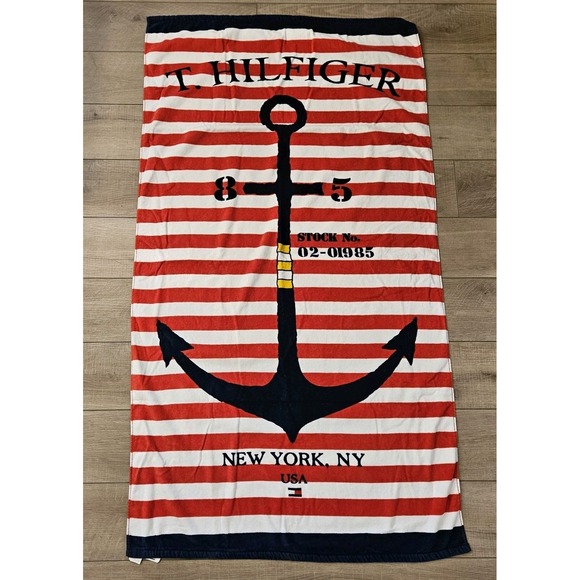 Tommy Hilfiger Large Anchor Beach Towel 35x66 Nautical Red White Blue Patriotic - Picture 2 of 5